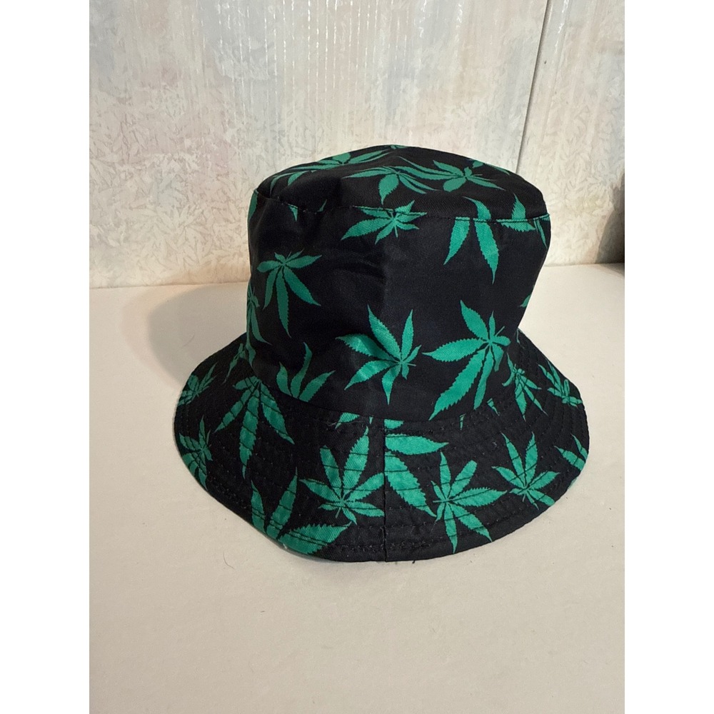 Reversible Bucket Hat Black Green Leaf Print Festival Streetwear Sun Hat (Weed)